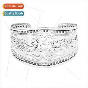 Ethnic Miao silver wide bracelet vintage carved floral brace