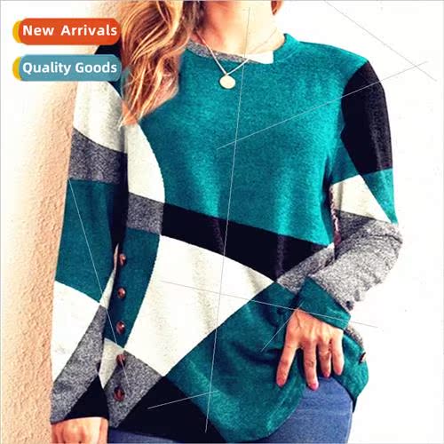 2022 Button Geometric Contrast Long Sleeve Printed Loose T-s