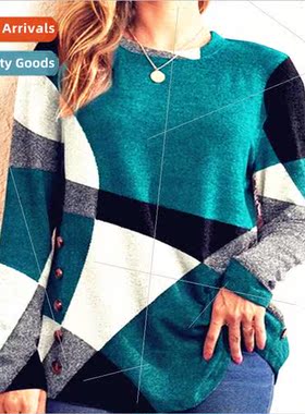 2022 Button Geometric Contrast Long Sleeve Printed Loose T-s