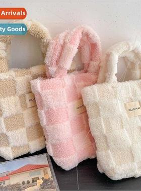 Korean checkerboard grid plush handbag female 2023 new commu