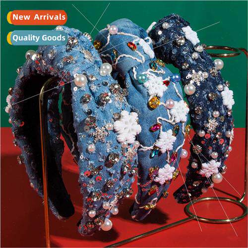 Hair bands fashion high  denim diamonds pearls headband snow