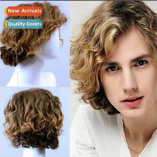 Europe wig men handsome short curly hair head covering brown
