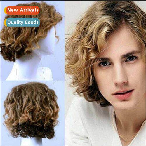 Europe wig men handsome short curly hair head covering brown