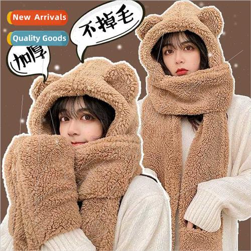 Bear hat female winter warm hooded scarf gloves all-in-one w