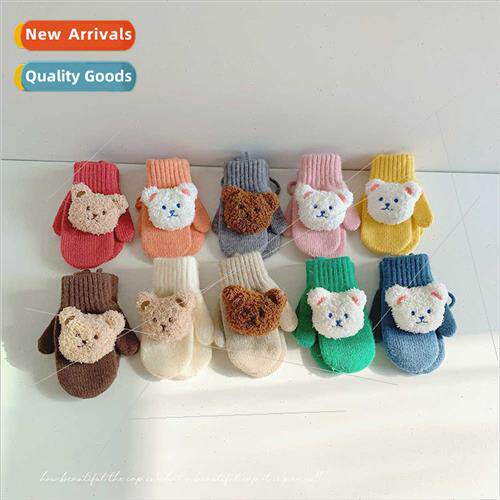 Korean  winter children warm solid color gloves cute bear ba