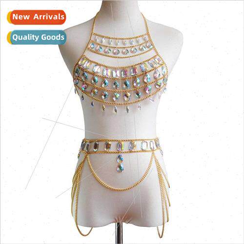 Europe Summer Sexy Splicing Bra Chain ghtclub Beach Gemstone