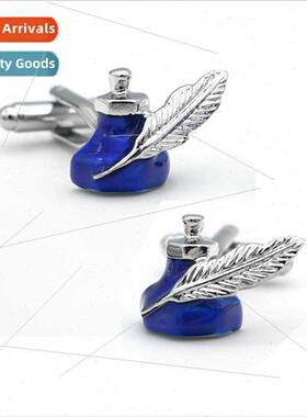 Men Su Buttons Solid Brass Metal Cufflinks Blue Feather Ink