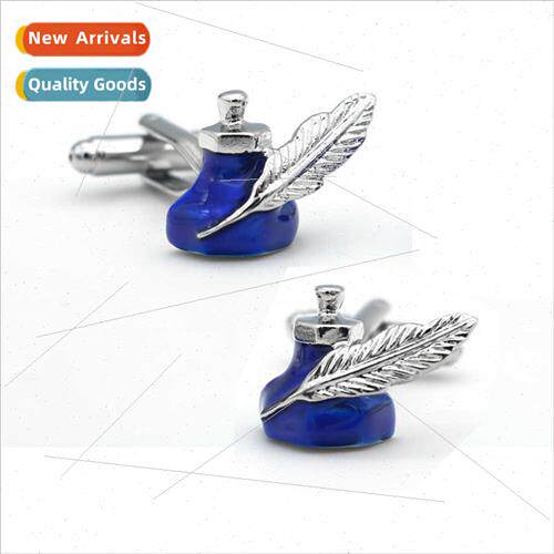 Men Su Buttons Solid Brass Metal Cufflinks Blue Feather Ink
