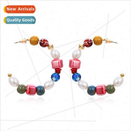 ZA simple imation pearl earrings C-shaped ceramic glass bead