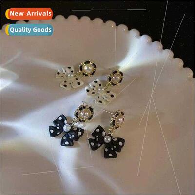 Mori polka dot bow earrings 2023 new tide French silver pin