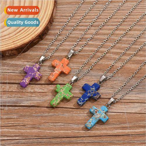 Europe Crystal Agate Pendant Natural Stone Cross Necklace