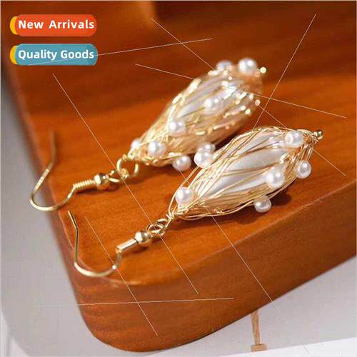 New Bar pearl beads 14K gold wire-wound ear hooks OL fashion