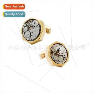 Gold Octagonal Mechanical Watch Movement Cufflinks Punk Cloc