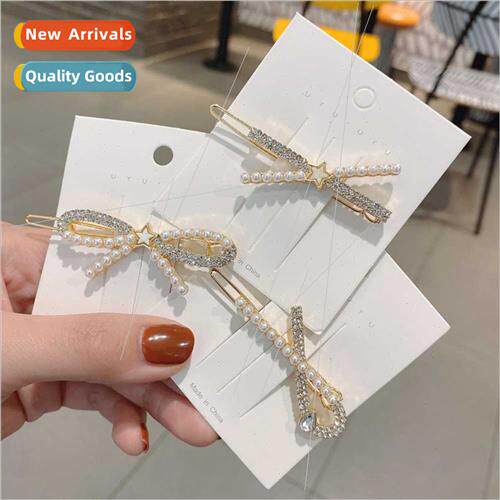 Korea pearl rhinestone bow hair clips female ins side clip a