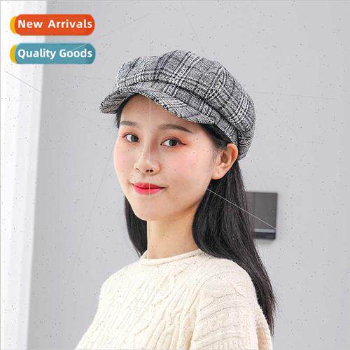 Japanese lerary plaid octagonal cap female spring fall thin