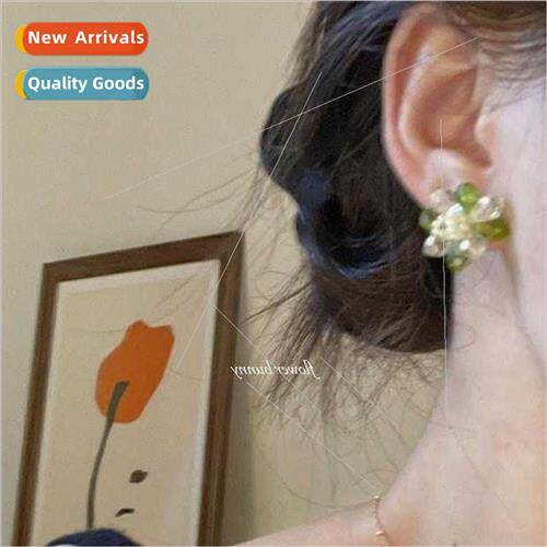 silver needle green crystal glaze handmade beaded earrings M