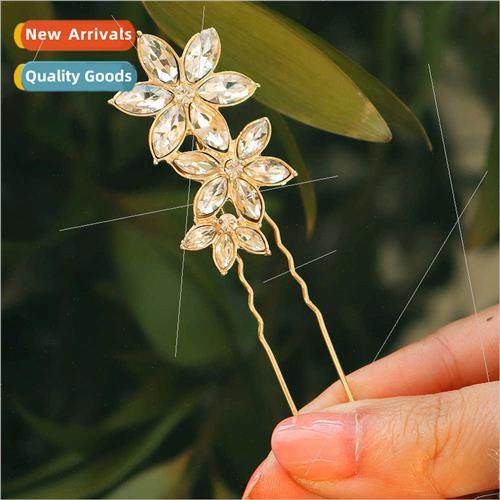 Korean retro elegant hairpin alloy flowers rhinestone U-shap