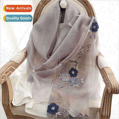 spring silk scarf women versatile silk wool embroidered flow