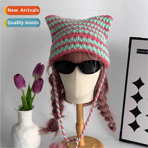 Quirky ltle devil striped kn cap female winter cute handmade