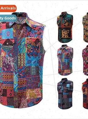 2023 summer new sleeveless shirt men casual cotton linen pri