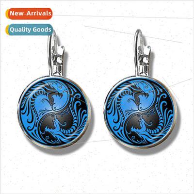 Yin Yang lver Earrings Blue Dragon Yin Yang Tai Chi Glass Do