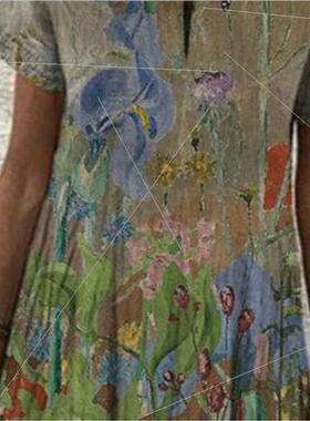 New Printed Dresses Women Short Sleeve Round Neck Dresses Lo