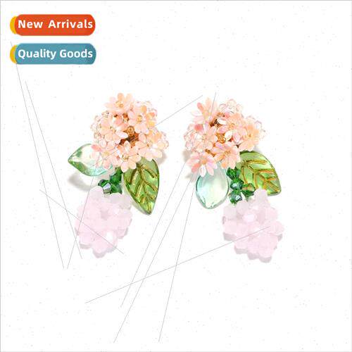 ZA fresh girl heart hand-woven pink flowers flowers earrings