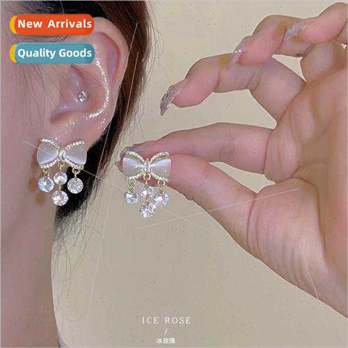 Cat eye stone French bow with diamonds zirconia tassel earri