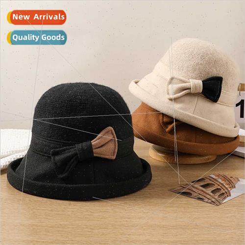 bow tweed basin cap female Korean fashion rolled edge hundre