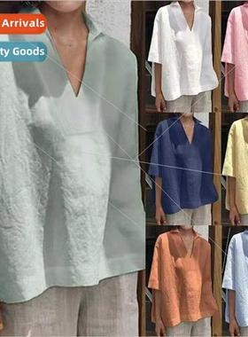 2022 Spring Summer V-neck cotton linen hundred wh solid colo