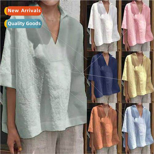 2022 Spring Summer V-neck cotton linen hundred wh solid colo
