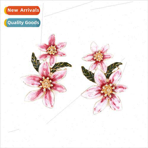 Ins wind drip oil six petal flower earrings personalized fas