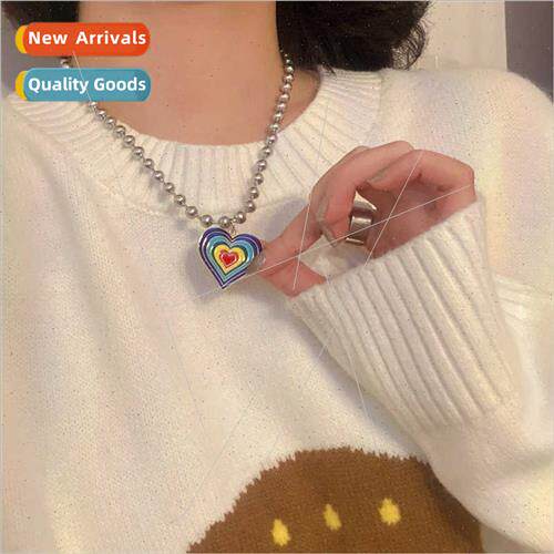Rainbow heart necklace female ins niche long sweater chain 2