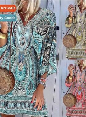2022 Summer Bohemian V-Neck Long Sleeve Printed Casual Dress