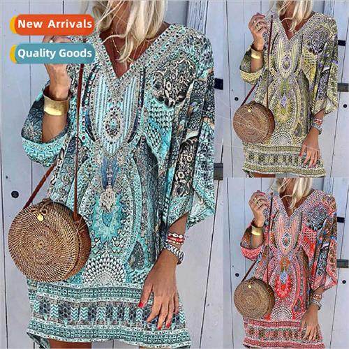 2022 Summer Bohemian V-Neck Long Sleeve Printed Casual Dress
