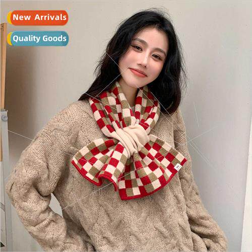 Korean simple knted student scarf colorblocking plaid cross
