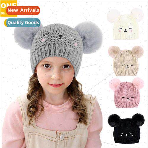 New bear double fur ball wool cap Baby cartoon knted cap ~ J