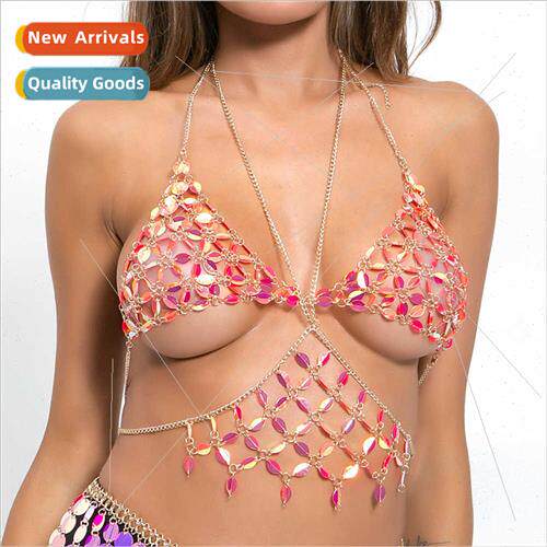 FB3477 Europe body chain small folded sequins splicing top s
