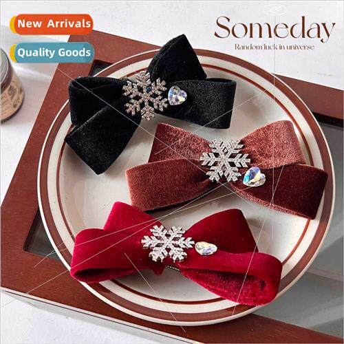 new Korean shiny rhinestone snowflake velvet bow hairpin gir
