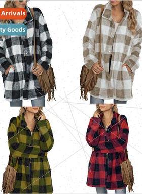 Autumn new women plush coat fall winter in long plaid coat