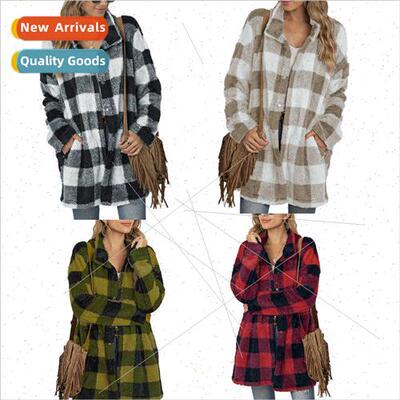 Autumn new women plush coat fall winter in long plaid coat