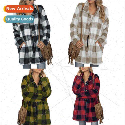 Autumn new women plush coat fall winter in long plaid coat