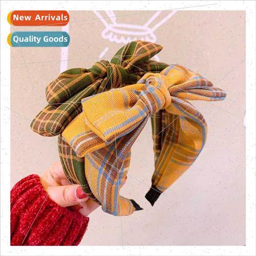 ins retro England plaid double bow wild hair band hair card