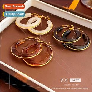 resin round earrings fall simple Electroplating winter brown