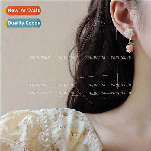 Cute earrings pink compact flower earrings ear clips ancient