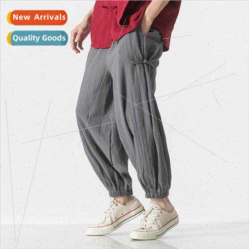 2023 summer new men cotton linen solid color country tide hi