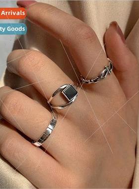 Geometric black square ring Korea high cold dark cool handso