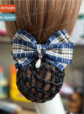 Plaid wind career bow coiled hair net pocket hair clips bank