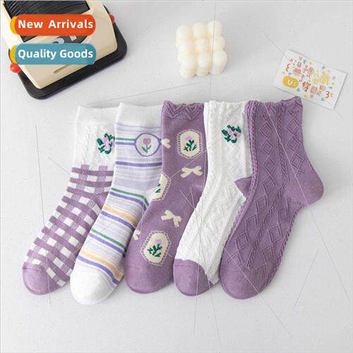 Socks womens mid-calf socks purple small flowers high-color