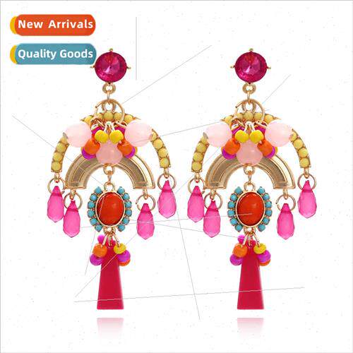 Bohemian handmade rice beads long tassel earrings exaggerate